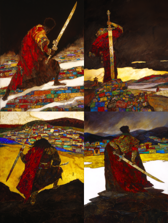 epic and solemn movie poster of the legendary tibetan king gesar. a low-angle shot from behind, focusing on the silhouette of the warrior king holding a long, elegant tibetan knife. the knife's hilt is wrapped and inlaid with symbolic patterns. he stands upon a riverbank of stacked mani stones, each stone carved with tibetan mantra. the yellow river curves into the distance under a vast, dramatic sky. distant dege-style tibetan dwellings nestle in the landscape. color palette: dark slate gray, cinnabar red, and metallic gold. texture of rough stone and polished metal.