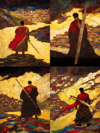 epic and solemn movie poster of the legendary tibetan king gesar. a low-angle shot from behind, focusing on the silhouette of the warrior king holding a long, elegant tibetan knife. the knife's hilt is wrapped and inlaid with symbolic patterns. he stands upon a riverbank of stacked mani stones, each stone carved with tibetan mantra. the yellow river curves into the distance under a vast, dramatic sky. distant dege-style tibetan dwellings nestle in the landscape. color palette: dark slate gray, cinnabar red, and metallic gold. texture of rough stone and polished metal.