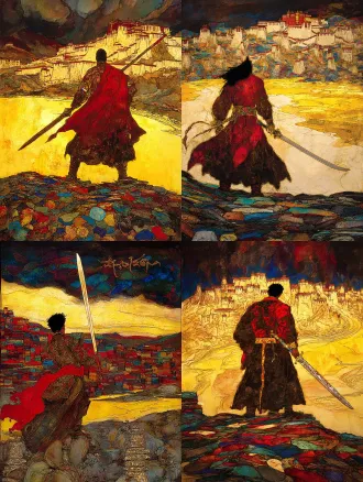 epic and solemn movie poster of the legendary tibetan king gesar. a low-angle shot from behind, focusing on the silhouette of the warrior king holding a long, elegant tibetan knife. the knife's hilt is wrapped and inlaid with symbolic patterns. he stands upon a riverbank of stacked mani stones, each stone carved with tibetan mantra. the yellow river curves into the distance under a vast, dramatic sky. distant dege-style tibetan dwellings nestle in the landscape. color palette: dark slate gray, cinnabar red, and metallic gold. texture of rough stone and polished metal.