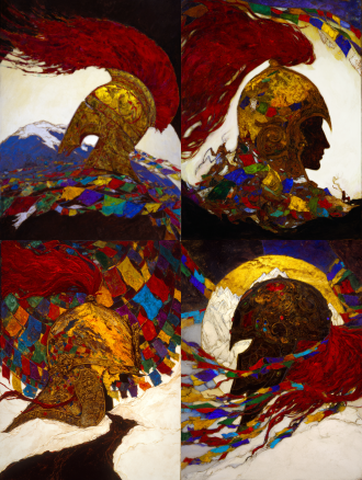highly symbolic and metaphysical poster of king gesar's eternal spirit. a face-on view of a majestic, stylized tibetan warrior helmet. the helmet's surface is not metal, but a dynamic landscape: the front is the textured, snow-capped silhouette of a sacred mountain, and the flowing plume is the vibrant, wind-swept mane of a red horse. dozens of five-colored tibetan prayer flags flutter radially around the helmet, creating a sacred halo. background is a gradient from deep plateau blue to pure white. style of sacred geometry and minimalist art