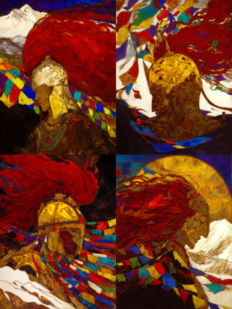 highly symbolic and metaphysical poster of king gesar's eternal spirit. a face-on view of a majestic, stylized tibetan warrior helmet. the helmet's surface is not metal, but a dynamic landscape: the front is the textured, snow-capped silhouette of a sacred mountain, and the flowing plume is the vibrant, wind-swept mane of a red horse. dozens of five-colored tibetan prayer flags flutter radially around the helmet, creating a sacred halo. background is a gradient from deep plateau blue to pure white. style of sacred geometry and minimalist art