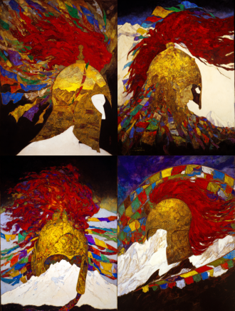 highly symbolic and metaphysical poster of king gesar's eternal spirit. a face-on view of a majestic, stylized tibetan warrior helmet. the helmet's surface is not metal, but a dynamic landscape: the front is the textured, snow-capped silhouette of a sacred mountain, and the flowing plume is the vibrant, wind-swept mane of a red horse. dozens of five-colored tibetan prayer flags flutter radially around the helmet, creating a sacred halo. background is a gradient from deep plateau blue to pure white. style of sacred geometry and minimalist art