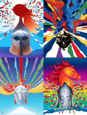 highly symbolic and metaphysical poster of king gesar's eternal spirit. a face-on view of a majestic, stylized tibetan warrior helmet. the helmet's surface is not metal, but a dynamic landscape: the front is the textured, snow-capped silhouette of a sacred mountain, and the flowing plume is the vibrant, wind-swept mane of a red horse. dozens of five-colored tibetan prayer flags flutter radially around the helmet, creating a sacred halo. background is a gradient from deep plateau blue to pure white. style of sacred geometry and minimalist art