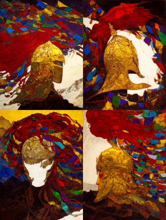 highly symbolic and metaphysical poster of king gesar's eternal spirit. a face-on view of a majestic, stylized tibetan warrior helmet. the helmet's surface is not metal, but a dynamic landscape: the front is the textured, snow-capped silhouette of a sacred mountain, and the flowing plume is the vibrant, wind-swept mane of a red horse. dozens of five-colored tibetan prayer flags flutter radially around the helmet, creating a sacred halo. background is a gradient from deep plateau blue to pure white. style of sacred geometry and minimalist art