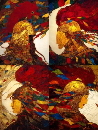 highly symbolic and metaphysical poster of king gesar's eternal spirit. a face-on view of a majestic, stylized tibetan warrior helmet. the helmet's surface is not metal, but a dynamic landscape: the front is the textured, snow-capped silhouette of a sacred mountain, and the flowing plume is the vibrant, wind-swept mane of a red horse. dozens of five-colored tibetan prayer flags flutter radially around the helmet, creating a sacred halo. background is a gradient from deep plateau blue to pure white. style of sacred geometry and minimalist art