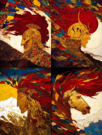 highly symbolic and metaphysical poster of king gesar's eternal spirit. a face-on view of a majestic, stylized tibetan warrior helmet. the helmet's surface is not metal, but a dynamic landscape: the front is the textured, snow-capped silhouette of a sacred mountain, and the flowing plume is the vibrant, wind-swept mane of a red horse. dozens of five-colored tibetan prayer flags flutter radially around the helmet, creating a sacred halo. background is a gradient from deep plateau blue to pure white. style of sacred geometry and minimalist art