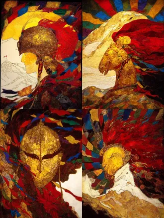 highly symbolic and metaphysical poster of king gesar's eternal spirit. a face-on view of a majestic, stylized tibetan warrior helmet. the helmet's surface is not metal, but a dynamic landscape: the front is the textured, snow-capped silhouette of a sacred mountain, and the flowing plume is the vibrant, wind-swept mane of a red horse. dozens of five-colored tibetan prayer flags flutter radially around the helmet, creating a sacred halo. background is a gradient from deep plateau blue to pure white. style of sacred geometry and minimalist art