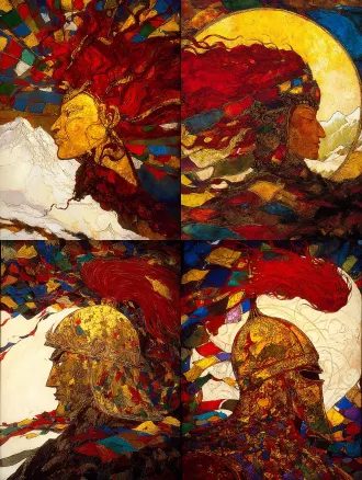 highly symbolic and metaphysical poster of king gesar's eternal spirit. a face-on view of a majestic, stylized tibetan warrior helmet. the helmet's surface is not metal, but a dynamic landscape: the front is the textured, snow-capped silhouette of a sacred mountain, and the flowing plume is the vibrant, wind-swept mane of a red horse. dozens of five-colored tibetan prayer flags flutter radially around the helmet, creating a sacred halo. background is a gradient from deep plateau blue to pure white. style of sacred geometry and minimalist art