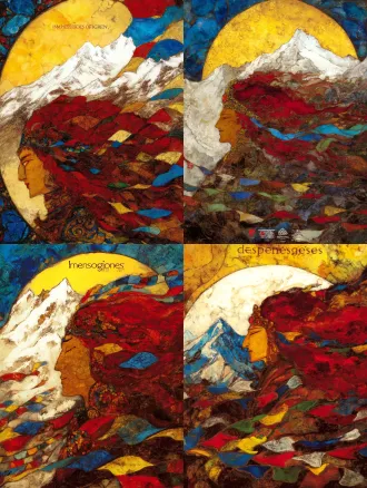 static poster for "impressions of dege" competition, theme: gesar epic - eternal spirit. core elements: qie'er mountain (dege's sacred peak) with snow, fluttering five-color prayer flags (dege's blue-white-red-green-yellow). style: rock painting with granular texture and glaze luster. composition: prayer flags guide sight to the mountain. color palette: white, lapis blue, cinnabar red, gold accents.