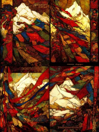 static poster for "impressions of dege" competition, theme: gesar epic - eternal spirit. core elements: qie'er mountain (dege's sacred peak) with snow, fluttering five-color prayer flags (dege's blue-white-red-green-yellow). style: rock painting with granular texture and glaze luster. composition: prayer flags guide sight to the mountain. color palette: white, lapis blue, cinnabar red, gold accents.