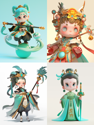 cute q-version cartoon character, three gorges cultural ip, inspired by the eastern han wuyang stone que and jade-inlaid sword, simplified double-eaved roof on head, abstract dragon and tiger relief earrings, round face with big anime eyes, jade-patterned clothes in gradient cyan-green, holding a mini stone que scepter (with kuimen outline at the bottom), small bronze bell pendant around waist, color palette: sandstone beige, light gray, jade cyan, bronze rust red, low saturation, modern minimalist style, 3d render, clean white background, soft lighting, intricate details on accessories, pixar-style,