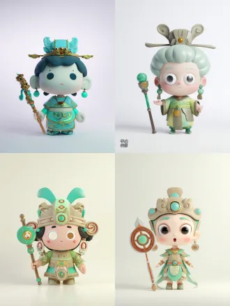 cute q-version cartoon character, three gorges cultural ip, inspired by the eastern han wuyang stone que and jade-inlaid sword, simplified double-eaved roof on head, abstract dragon and tiger relief earrings, round face with big anime eyes, jade-patterned clothes in gradient cyan-green, holding a mini stone que scepter (with kuimen outline at the bottom), small bronze bell pendant around waist, color palette: sandstone beige, light gray, jade cyan, bronze rust red, low saturation, modern minimalist style, 3d render, clean white background, soft lighting, intricate details on accessories, pixar-style,