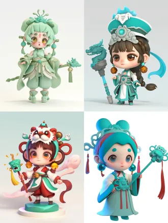 cute q-version cartoon character, three gorges cultural ip, inspired by the eastern han wuyang stone que and jade-inlaid sword, simplified double-eaved roof on head, abstract dragon and tiger relief earrings, round face with big anime eyes, jade-patterned clothes in gradient cyan-green, holding a mini stone que scepter (with kuimen outline at the bottom), small bronze bell pendant around waist, color palette: sandstone beige, light gray, jade cyan, bronze rust red, low saturation, modern minimalist style, 3d render, clean white background, soft lighting, intricate details on accessories, pixar-style,