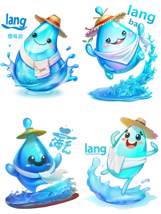 **a cute and bubbly water drop sprite, named "lang bao", as a tourism mascot, translucent cyan blue body with subtle water ripple textures, wearing a tiny straw hat and a white towel scarf, extremely large and expressive eyes, a bright cheerful smile, standing on a small splash wave, 3d cartoon style, pixar style, vibrant colors, professional character design, clean white background