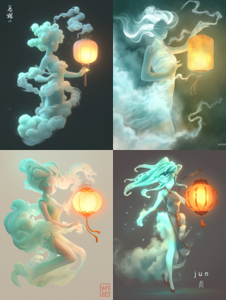 **character design turnaround of "yun jun", an ethereal cloud spirit, body made of soft glowing white and light cyan mist and clouds, hair styled into goddess peak silhouette, holding a warm glowing chinese paper lantern, serene expression, translucent, flowing, chinese mythology style, mystical, studio lighting, uhd, rendered in octane