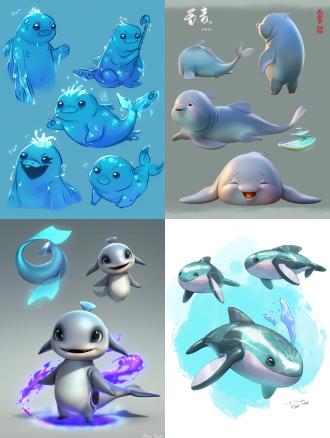 **character design sheet of "tun tun", an adorable yangtze river finless porpoise sprite, plump and smooth gray-blue body, glossy glaze-like texture, famous crescent-shaped smile, a small fountain sprouting from its head, dorsal fin shaped like the silhouette of the three gorges mountains, large empathetic eyes, healing and cheerful expression, 3d cartoon style, pixar style, soft lighting, uhd, rendered in octane