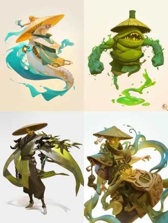 三峡水之魂精灵，身体由浅水绿色半透明水体和内部流动的乳白色江雾构成，胸口有温暖亮黄色能量核心，戴着篾青色小斗笠，毛巾化作闪烁金色音符的浪花缠绕肩臂，手臂有浅蓝色纤痕臂纹，破浪前行的动态姿势，表情坚毅又活泼，3d卡通风格，皮克斯级别细节，oc渲染，专业角色设计图，白色背景