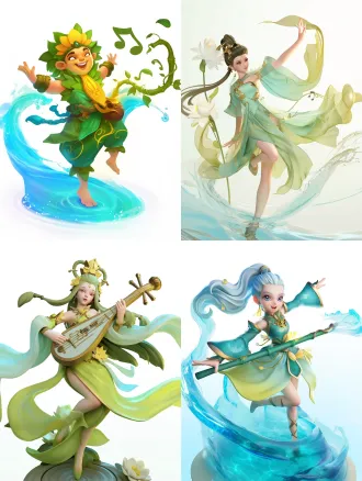 三峡水之魂精灵，浅水绿色半透明水体，乳白色流动江雾，温暖亮黄色能量核心，篾青色小斗笠，金色音符浪花缠绕肩臂，浅蓝色纤痕臂纹，破浪前行动态姿势，坚毅活泼表情，3d卡通风格，皮克斯级别细节，oc渲染，专业角色设计图，白色背景，高光反射，柔和水雾特效，动态模糊，流线型构图，明亮清新色调，欢快自信情绪