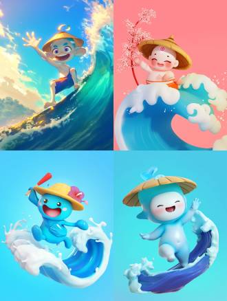 a cute water drop sprite, named lang bao, cyan blue transparent body, wearing a small straw hat, riding a wave, happy and lively, 3d cartoon style, bright colors, clean background