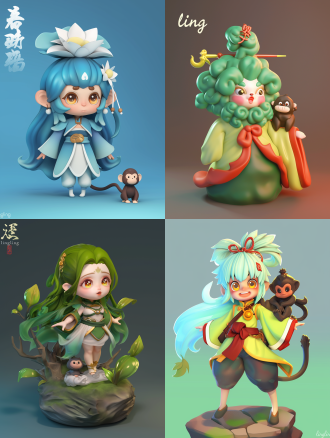 (masterpiece, best quality, ultra-detailed), 1 cute chinese cartoon mascot, named "lingling", personification of the three gorges scenery, body type: chibi proportion, soft and round body like a hill, hair: long flowing hair styled as blue-to-green gradient river water, with transparent wave tips, headwear: a hairclip shaped like the kuimen gate silhouette, eyes: large, round, bright amber yellow pupils, clothing: a dynamic, flowing white cloud scarf around neck and arms, body color: gentle gradient mountain green with subtle mountain texture, companion: a tiny, cute black snub-nosed monkey sitting on shoulder, full body shot, clean background, character design sheet, 3d render, soft lighting, pixar style, vibrant colors