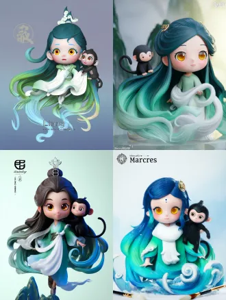 (masterpiece, best quality, ultra-detailed), 1 cute chinese cartoon mascot, named "lingling", personification of the three gorges scenery, body type: chibi proportion, soft and round body like a hill, hair: long flowing hair styled as blue-to-green gradient river water, with transparent wave tips, headwear: a hairclip shaped like the kuimen gate silhouette, eyes: large, round, bright amber yellow pupils, clothing: a dynamic, flowing white cloud scarf around neck and arms, body color: gentle gradient mountain green with subtle mountain texture, companion: a tiny, cute black snub-nosed monkey sitting on shoulder, full body shot, clean background, character design sheet, 3d render, soft lighting, pixar style, vibrant colors