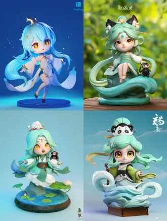(masterpiece, best quality, ultra-detailed), 1 cute chinese cartoon mascot, named "lingling", personification of the three gorges scenery, body type: chibi proportion, soft and round body like a hill, hair: long flowing hair styled as blue-to-green gradient river water, with transparent wave tips, headwear: a hairclip shaped like the kuimen gate silhouette, eyes: large, round, bright amber yellow pupils, clothing: a dynamic, flowing white cloud scarf around neck and arms, body color: gentle gradient mountain green with subtle mountain texture, companion: a tiny, cute black snub-nosed monkey sitting on shoulder, full body shot, clean background, character design sheet, 3d render, soft lighting, pixar style, vibrant colors