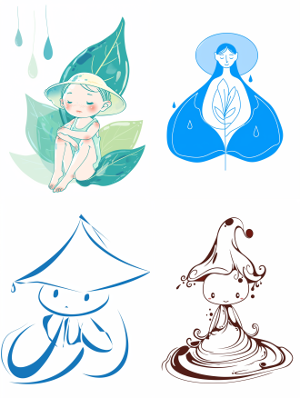 "可爱的水滴精灵，极简单线条艺术，连续流畅轮廓，头戴小巧斗笠，脚下浪花曲线，白色背景，矢量风格，高对比度，纯净构图，留白艺术，几何美学，轻盈灵动，无阴影，扁平化设计，柔和曲线，清新感，简约优雅。"