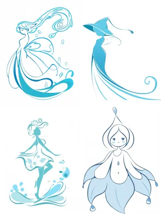 一个可爱的水滴精灵轮廓，身体由一条连续流畅的线条勾勒而成，头戴小巧斗笠，脚下是一条代表浪花的灵动曲线，风格极简，单线条艺术，矢量图，白色背景，手绘插画风格