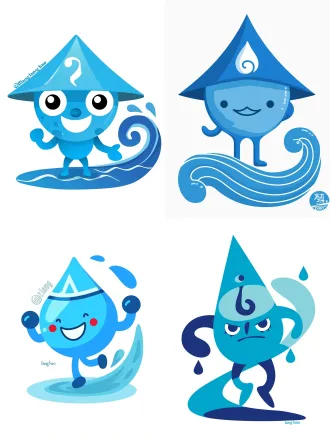 modern flat design mascot, a water drop sprite named "lang bao", composed of simple geometric shapes like circles, ovals and a triangle for the hat, cyan blue body, two flowing white wave lines at feet, minimalistic face with dot eyes, bold outlines, solid vibrant colors, no gradient, no texture, vector style, clean background