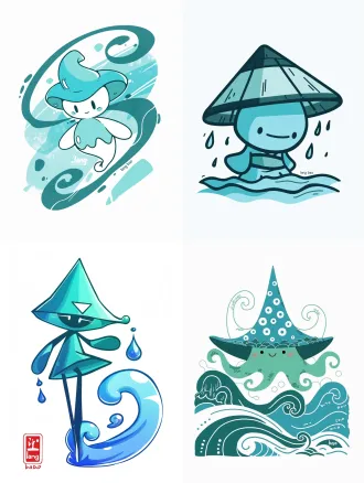clean line and fill illustration, a water drop sprite "lang bao", rounded shape outlined with a smooth continuous black line, wearing a triangular hat, standing on a simple wavy line, large areas of solid cyan blue color, minimalistic and healing expression, modern cartoon style, white background