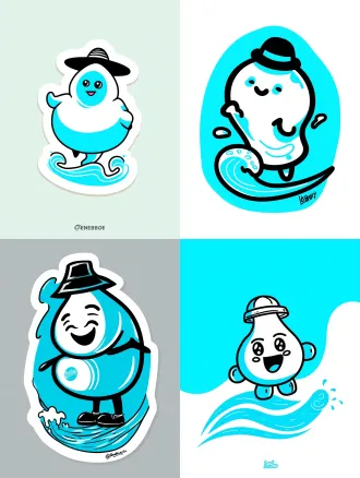 **modern trendy illustration, a cute water drop spirit "lang bao", rounded smooth form, wearing a small hat, standing on a stylized wave, thick black outlines, flat vibrant cyan blue and white color palette, joyful expression, sticker design style, clean background