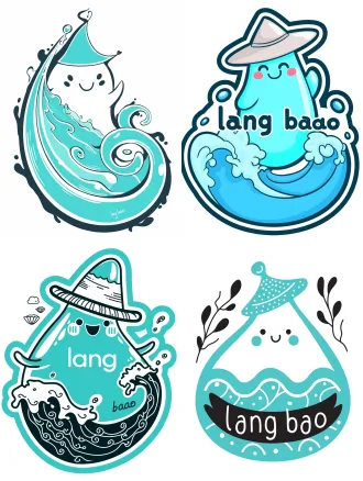**modern trendy illustration, a cute water drop spirit "lang bao", rounded smooth form, wearing a small hat, standing on a stylized wave, thick black outlines, flat vibrant cyan blue and white color palette, joyful expression, sticker design style, clean background