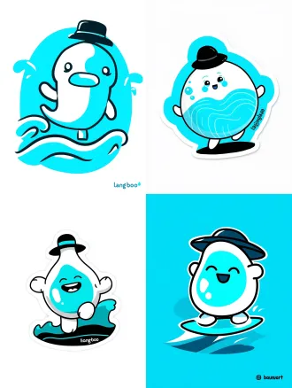 **modern trendy illustration, a cute water drop spirit "lang bao", rounded smooth form, wearing a small hat, standing on a stylized wave, thick black outlines, flat vibrant cyan blue and white color palette, joyful expression, sticker design style, clean background