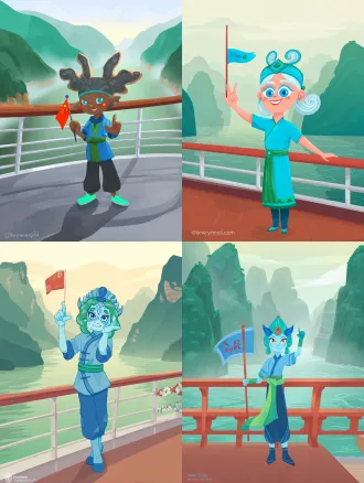 cartoon character "xiaxia" standing on a yangtze river cruise ship deck, background with misty kuimen gorge and green mountains. character details: kuimen headdress, wavy ears, gradient blue eyes, river blue shirt with green belt. holding a small flag printed with "sanxia" in right hand, left hand making ok gesture. flat illustration style, modern cartoon, bright color palette (river blue #00a8e8, red sandstone #ff4848, forest green #00c851), soft fog effect, simple background elements, 8k high definition, warm light,
