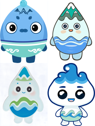 (masterpiece, best quality), (a cute cartoon mascot character:1.5), named xiabao, representing the three gorges, appearance combines elements of water droplet, mountains, and river water, head is a droplet shape with three small mountain shapes on top, body is round and chubby with wave patterns and a horizontal line symbolizing the dam, (minimalist design:1.4), (flat design style:1.3), soft colors, main colors are river blue, mountain green, and wave white, large, curious eyes, friendly and kind expression, full body shot, standing正面, white background. **negative prompt:** (ugly, deformed, complex, realistic, dark, horror, text, watermark, blurry)