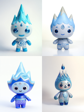 a 3d vinyl toy figure of a chibi mascot, pop mart style, high detail. character has a water-drop blue head with three textured mountain peaks, one with a tiny gem. matte finish body with a transparent blue stripe containing metallic details. large glossy eyes with a friendly expression. back has a cute swirl pattern. full body, studio lighting, white background.