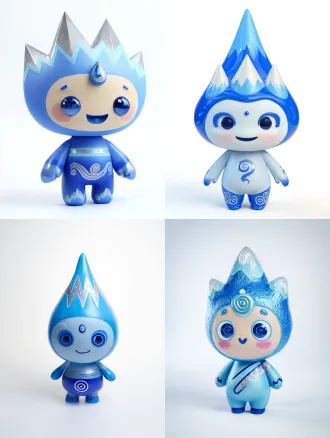 a 3d vinyl toy figure of a chibi mascot, pop mart style, high detail. character has a water-drop blue head with three textured mountain peaks, one with a tiny gem. matte finish body with a transparent blue stripe containing metallic details. large glossy eyes with a friendly expression. back has a cute swirl pattern. full body, studio lighting, white background.