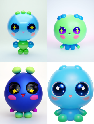 super cute 3d chibi character, (2-head body ratio:1.5), (extremely large round head:1.3), head is an inverted egg shape with three soft little mounds on top. body is a perfect sphere, blue and green matte color. huge glossy cartoon eyes with star-shaped highlights, tiny triangular mouth, round blushing cheeks. limbs are small round balls. pop mart vinyl toy style, isolated on white background.
