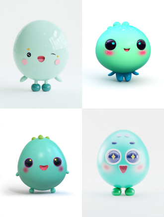 超级可爱的3d q版角色，二头身比例1.5，超大圆头1.3，倒鸡蛋形头部顶端有三处柔软小凸起，身体是完美球体，蓝绿哑光色，闪亮卡通大眼睛带星形高光，小三角嘴，圆润红晕脸颊，四肢是小圆球，泡泡玛特搪胶玩具风格，纯白背景隔离，柔光，微距镜头，高饱和度，无阴影，玩具质感，快乐表情。