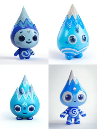3d乙烯基玩具小吉祥物，泡泡玛特风格，高细节，水滴形蓝色头部带三个纹理山峰，一座嵌小宝石，哑光身体配蓝色条纹含金属细节，大眼睛光泽友好表情，背部可爱漩涡图案，全身展示，工作室灯光，白色背景，微距镜头，柔和阴影，明亮色彩，立体感强，玩具摄影，专业布光，柔和焦点，商业质感，高质量渲染，可爱风格。