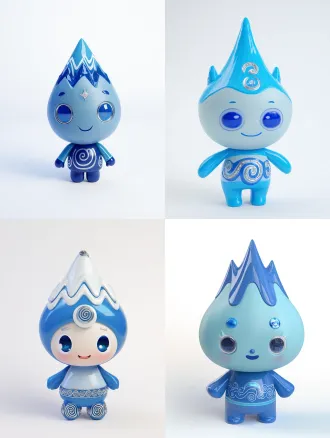 a 3d vinyl toy figure of a chibi mascot, pop mart style, high detail. character has a water-drop blue head with three textured mountain peaks, one with a tiny gem. matte finish body with a blue stripe containing metallic details. large glossy eyes with a friendly expression. back has a cute swirl pattern. full body, studio lighting, white background.