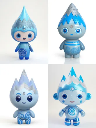 a 3d vinyl toy figure of a chibi mascot, pop mart style, high detail. character has a water-drop blue head with three textured mountain peaks, one with a tiny gem. matte finish body with a blue stripe containing metallic details. large glossy eyes with a friendly expression. back has a cute swirl pattern. full body, studio lighting, white background.