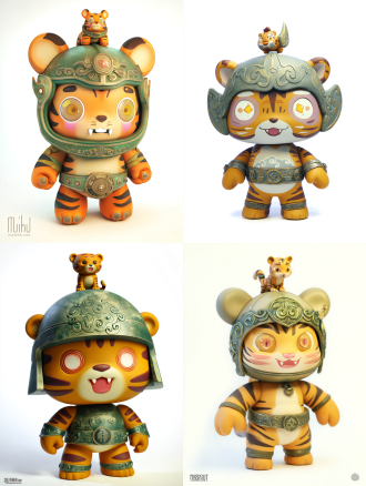 a 3d vinyl toy figure of a cute baby tiger character named "hu wa", wearing a simplified bronze "chunyu" helmet on his head, with a small bronze tiger figurine on top. helmet has cloud-thunder patterns, in bronze green color with patina. his body has warm orange fur with dark gold stripes, three-heads body ratio. large amber eyes with star-shaped highlights, friendly smile with small fangs. wristbands and belt with bronze decorative patterns. pop mart blind box style, matte finish fur and cold metallic bronze contrast, studio lighting, isolated on a white background, full body shot.