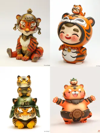 a 3d vinyl toy figure of a cute baby tiger character named "hu wa", wearing a simplified bronze "chunyu" helmet on his head, with a small bronze tiger figurine on top. helmet has cloud-thunder patterns, in bronze green color with patina. his body has warm orange fur with dark gold stripes, three-heads body ratio. large amber eyes with star-shaped highlights, friendly smile with small fangs. wristbands and belt with bronze decorative patterns. pop mart blind box style, matte finish fur and cold metallic bronze contrast, studio lighting, isolated on a white background, full body shot.