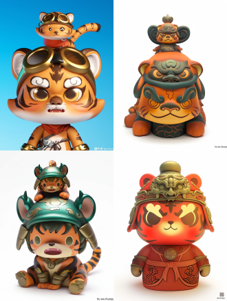 a 3d vinyl toy figure of a cute baby tiger character named "hu wa", wearing a simplified bronze "chunyu" helmet on his head, with a small bronze tiger figurine on top. helmet has cloud-thunder patterns, in bronze green color with patina. his body has warm orange fur with dark gold stripes, three-heads body ratio. large amber eyes with star-shaped highlights, friendly smile with small fangs. wristbands and belt with bronze decorative patterns. pop mart blind box style, matte finish fur and cold metallic bronze contrast, studio lighting, isolated on a white background, full body shot.