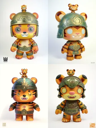 a 3d vinyl toy figure of a cute baby tiger character named "hu wa", wearing a simplified bronze "chunyu" helmet on his head, with a small bronze tiger figurine on top. helmet has cloud-thunder patterns, in bronze green color with patina. his body has warm orange fur with dark gold stripes, three-heads body ratio. large amber eyes with star-shaped highlights, friendly smile with small fangs. wristbands and belt with bronze decorative patterns. pop mart blind box style, matte finish fur and cold metallic bronze contrast, studio lighting, isolated on a white background, full body shot.