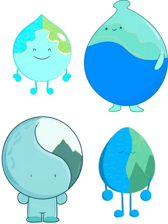 a simple and adorable cartoon character, full body. the head is a soft water-drop shape, divided by a graceful s-curve. the left side is textured with river blue and water ripples, the right side is mountain green with a fine gold silhouette of the goddess peak. the body is a simple round sphere in river blue, with tiny round limbs. minimalist design, clean thick outlines, flat color style, extremely cute. isolated on a white background.