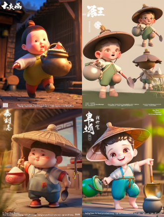 q 版治愈风 3d 形象，5-7 岁无性别孩童 “巴渝小炊匠 - 釜小渝”，头身比 1:4，人设为 “青铜釜文化小使者”，活泼爱分享。头部戴 3d 哑光青铜釜小帽（釜身刻 0.3cm 立体雷纹，带做旧划痕，帽檐垂浅棕棉绳 + 陶土小珠，动态飘动）；圆形脸有婴儿肥立体感，鼻梁贴 0.2cm 凸起青铜雷纹贴纸，瞳孔含暖黄色微光光斑，脸颊浅橙渐变腮红（通透感）。穿米白棉质卫衣（带自然褶皱，胸前印 0.1cm 立体青铜釜图案）、青铜青灰帆布背带裤（布兜绣立体云纹，背带扣为 1cm 青铜小釜造型）、陶土棕圆头棉鞋（毛绒内里显蓬松，鞋头贴立体青铜釜贴片）。双手捧迷你青铜釜套装（釜身 3d 哑光青铜 + 立体雷纹，内盛带光泽熟米；木质支架有真实木纹，陶土小铲带颗粒感），右侧布兜露彩陶饭勺（勺身颗粒质感，勺头 q 弹糯米团带粉腮红）。动作：身体前倾 15°，左手扶釜、右手握铲轻插米粒，姿态自然不僵硬。背景为低饱和巴渝农家小院（占画面 30%，含土灶台 + 木篱笆 + 青石板，远处淡蓝云纹天空），午后暖光从左前方 45° 照射，在角色头发 / 肩膀形成柔和光斑，青铜釜边缘微反光，衣服褶皱处有自然浅灰阴影。生成要求：优先角色面部 / 道具细节，背景不抢镜；风格为 “治愈系 3d 绘本风 + 轻萌 3d 质感”，青铜青灰 + 陶土棕 + 米白主色调，文物符号（雷纹 / 云纹）清晰可辨，避免过度抽象或写实。