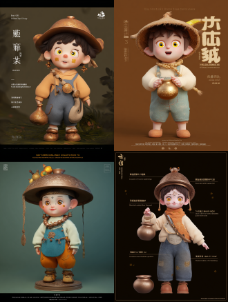 q 版治愈风 3d 形象，5-7 岁无性别孩童 “巴渝小炊匠 - 釜小渝”，头身比 1:4，人设为 “青铜釜文化小使者”，活泼爱分享。头部戴 3d 哑光青铜釜小帽（釜身刻 0.3cm 立体雷纹，带做旧划痕，帽檐垂浅棕棉绳 + 陶土小珠，动态飘动）；圆形脸有婴儿肥立体感，鼻梁贴 0.2cm 凸起青铜雷纹贴纸，瞳孔含暖黄色微光光斑，脸颊浅橙渐变腮红（通透感）。穿米白棉质卫衣（带自然褶皱，胸前印 0.1cm 立体青铜釜图案）、青铜青灰帆布背带裤（布兜绣立体云纹，背带扣为 1cm 青铜小釜造型）、陶土棕圆头棉鞋（毛绒内里显蓬松，鞋头贴立体青铜釜贴片）。双手捧迷你青铜釜套装（釜身 3d 哑光青铜 + 立体雷纹，内盛带光泽熟米；木质支架有真实木纹，陶土小铲带颗粒感），右侧布兜露彩陶饭勺（勺身颗粒质感，勺头 q 弹糯米团带粉腮红）。动作：身体前倾 15°，左手扶釜、右手握铲轻插米粒，姿态自然不僵硬。背景为低饱和巴渝农家小院（占画面 30%，含土灶台 + 木篱笆 + 青石板，远处淡蓝云纹天空），午后暖光从左前方 45° 照射，在角色头发 / 肩膀形成柔和光斑，青铜釜边缘微反光，衣服褶皱处有自然浅灰阴影。生成要求：优先角色面部 / 道具细节，背景不抢镜；风格为 “治愈系 3d 绘本风 + 轻萌 3d 质感”，青铜青灰 + 陶土棕 + 米白主色调，文物符号（雷纹 / 云纹）清晰可辨，避免过度抽象或写实。