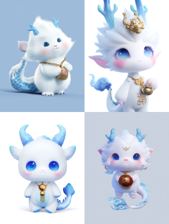 8k超高清，杰作级品质，官方艺术风格，全身像，纯白背景，高对比度，细节锐利，二头身q版小龙，圆润柔软身躯，纯白毛发，渐变蓝大眼（三峡水纹质感），粉红渐变腮红，极简面部特征，光滑青蓝龙角（夔门石纹质感），金项链配虎形铃铛和火锅挂饰，青蓝云朵尾巴（三峡雾气流线），现代中国可爱风，扁平设计，无阴影，无渐变，矢量艺术感，巴渝文化纹理（胸口刺绣图案），自然手持迷你夔门景区地图，柔和漫射光，超萌氛围